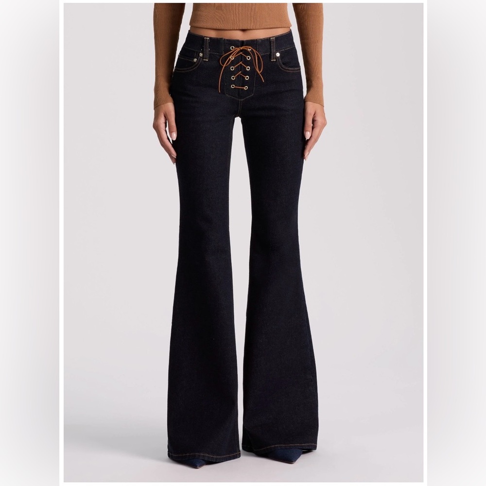 alice + olivia delilah lace-up dark wash flare jeans | women’s size 28 NEW